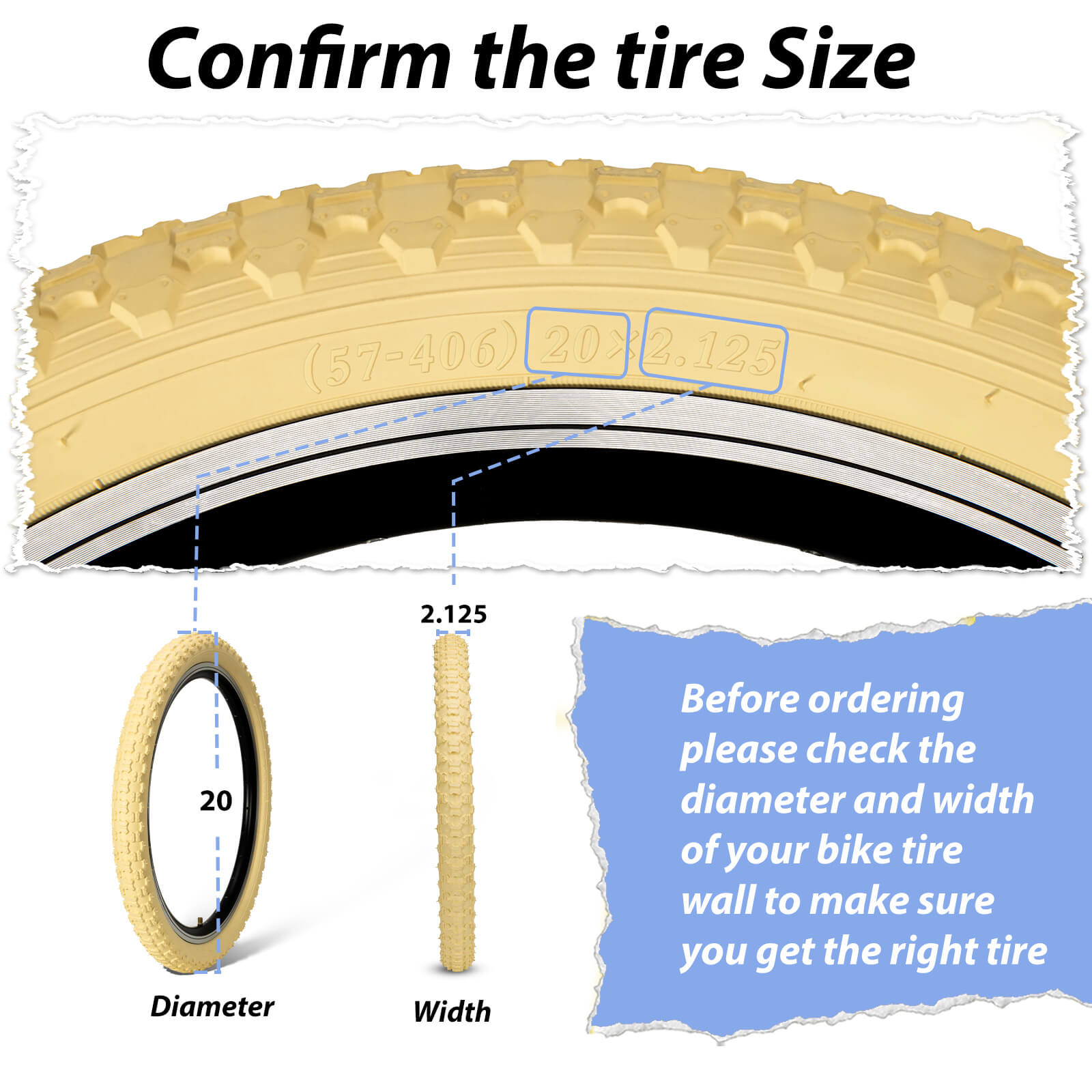 Hycline Bowlite beige and white wall bicycle tires, 16 and 20 inches, with 2.125-inch width, mounted on a bicycle wheel.