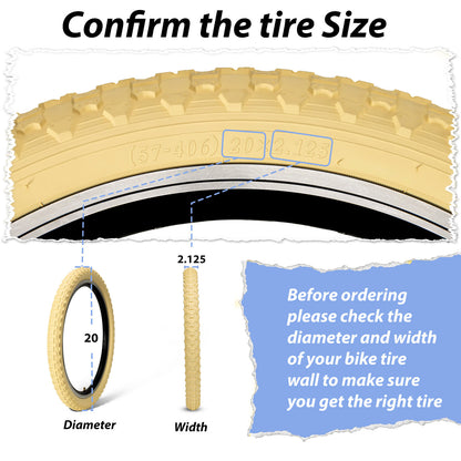 Hycline Bowlite beige and white wall bicycle tires, 16 and 20 inches, with 2.125-inch width, mounted on a bicycle wheel.