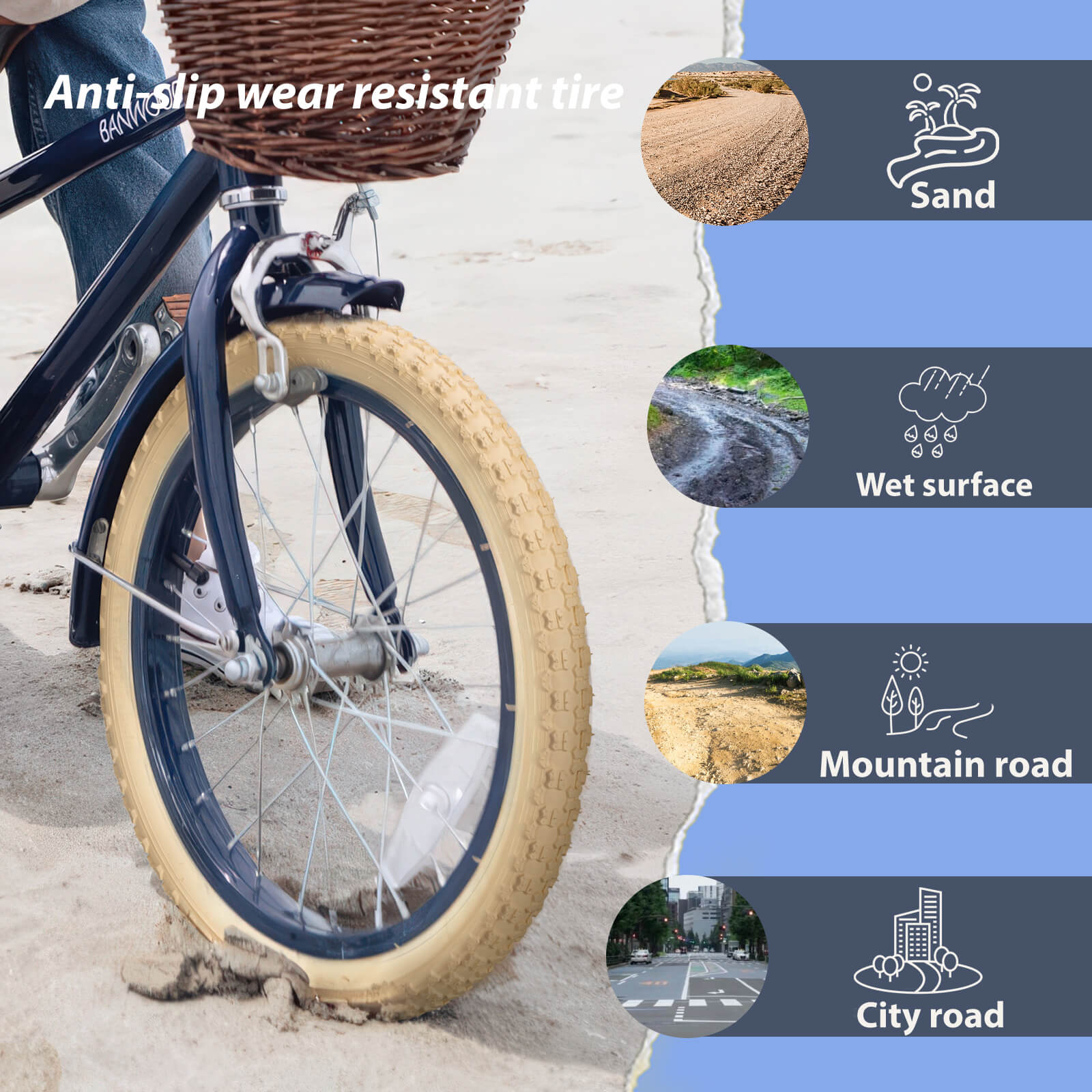 Hycline Bowlite beige and white wall bicycle tires, 16-inch size, mounted on a bicycle wheel with visible tread and sidewall details.
