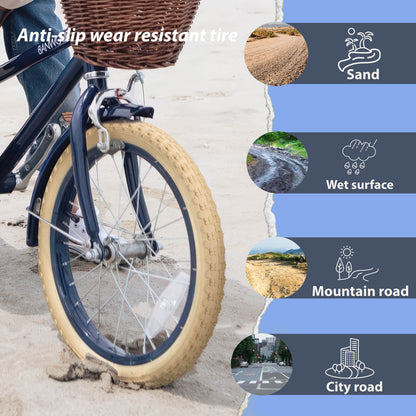 Hycline Bowlite beige and white wall bicycle tires, 16-inch size, mounted on a bicycle wheel with visible tread and sidewall details.