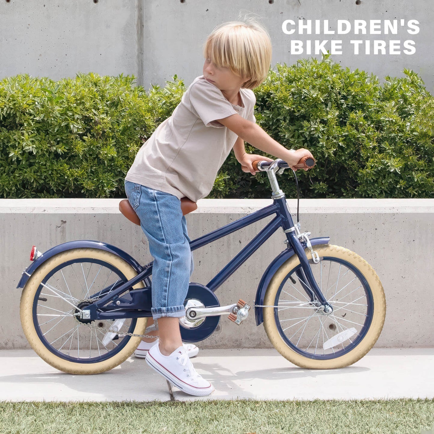 Hycline Bowlite beige and white wall bicycle tires, 16-inch and 20-inch sizes, with textured rubber treads and sidewall details.
