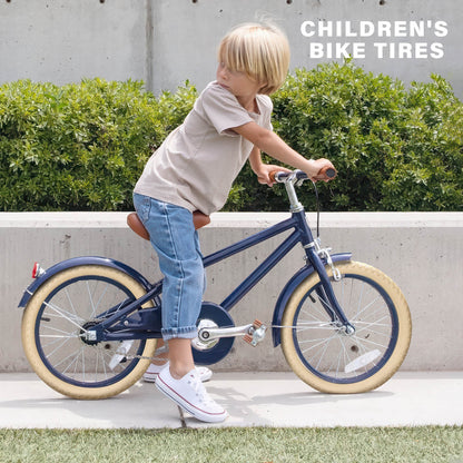 Hycline Bowlite beige and white wall bicycle tires, 16-inch and 20-inch sizes, with textured rubber treads and sidewall details.