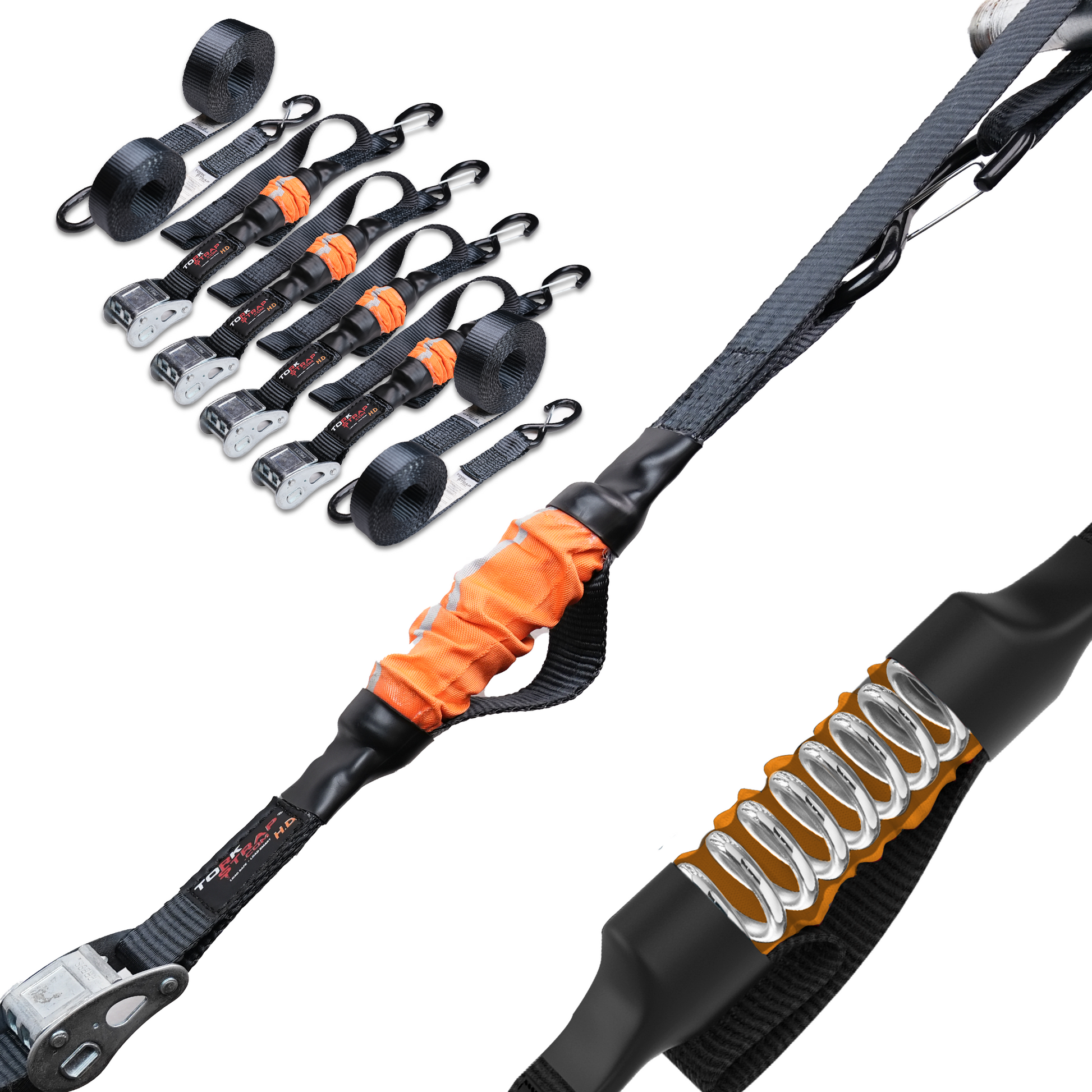 TorkStrap HD750 | 14'x1.5'' Spring Loaded Tie Down Straps - Adapts to Load Shifts - Heavy Duty 2250lbs Max Load - Just Pull Alternative to Ratchet Straps w/Hooks - Secure Motorcycles, Kayaks - Howling Moto