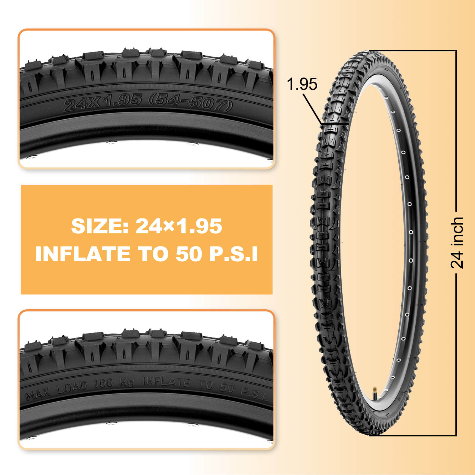 Hycline Terrclaw mountain bike tire 20/24/26" × 1.95" with rugged tread for off-road cycling, shown in the image.
