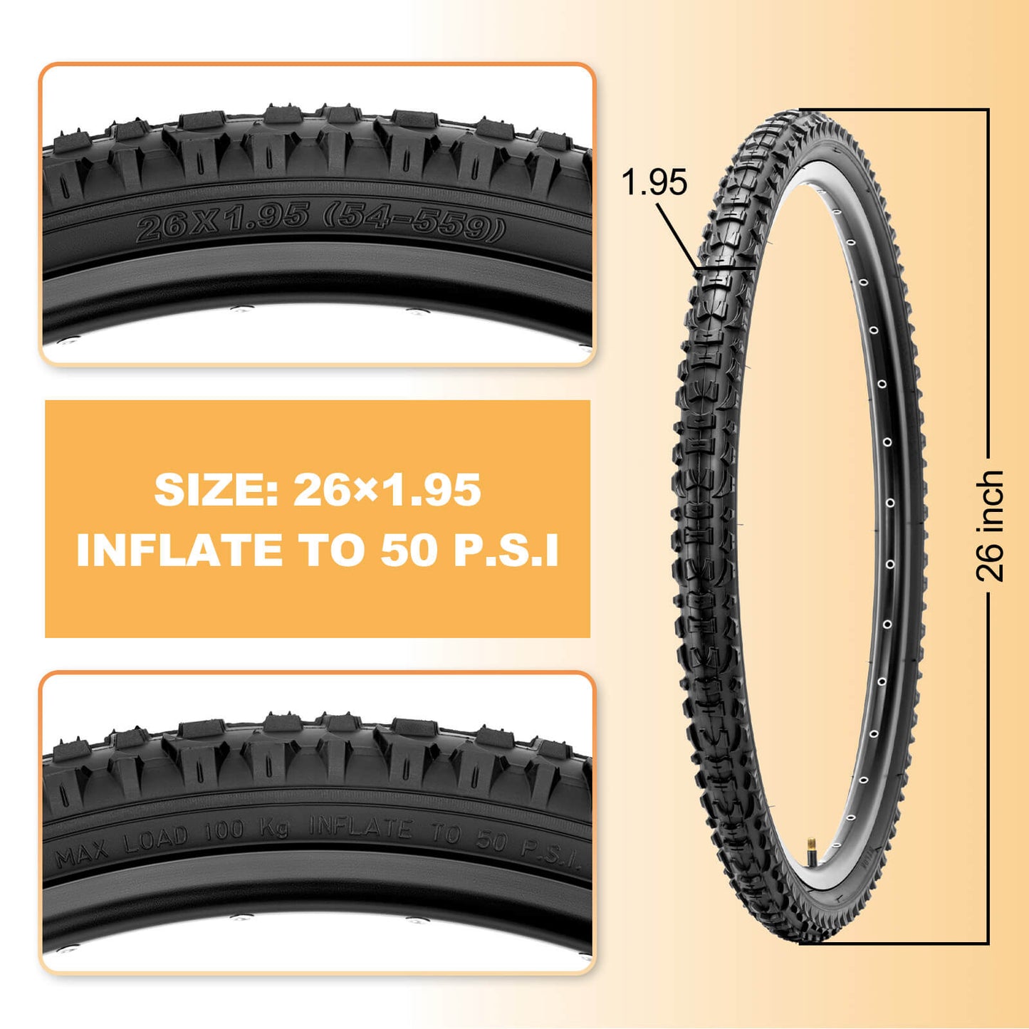 Hycline Terrclaw mountain bike tire in 26-inch, 1.95-inch width with rugged tread for off-road cycling.