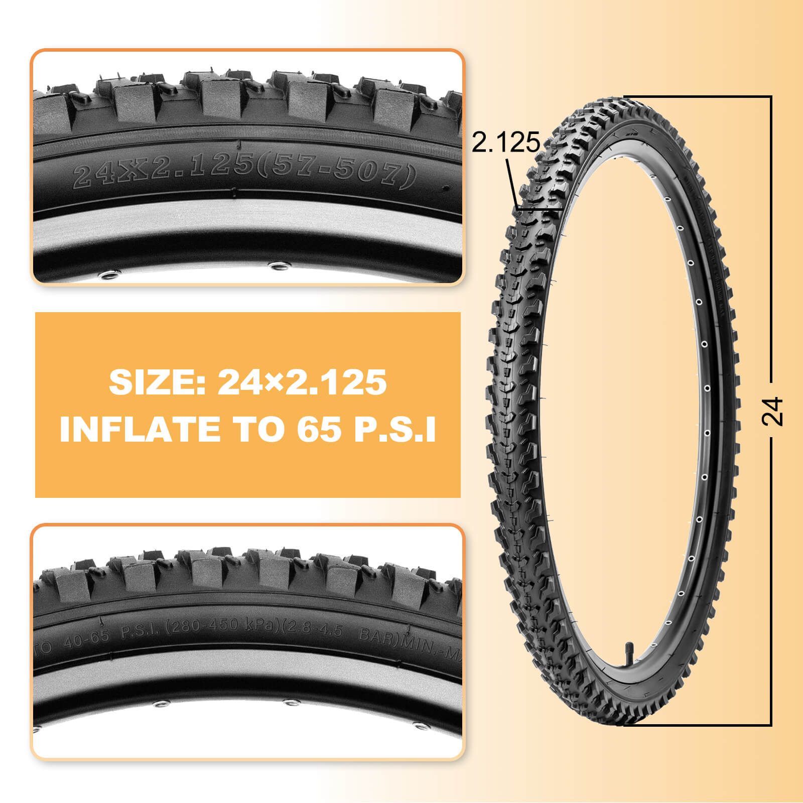 Hycline Detur mountain bike tire 20/24/26 inches with 2.125-inch width, rugged tread for off-road cycling.