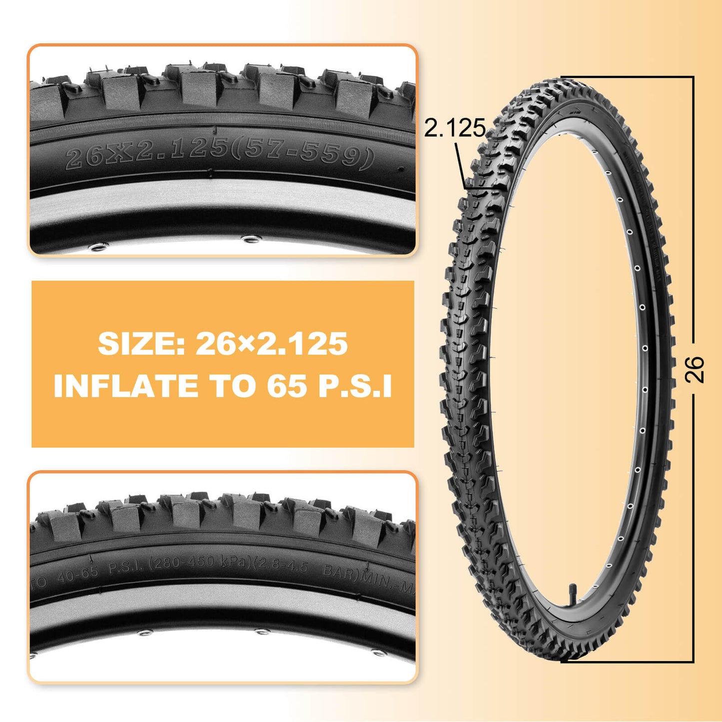 Hycline Detur mountain bike tire, 26-inch size, 2.125 inch width, with tread pattern suitable for off-road cycling.