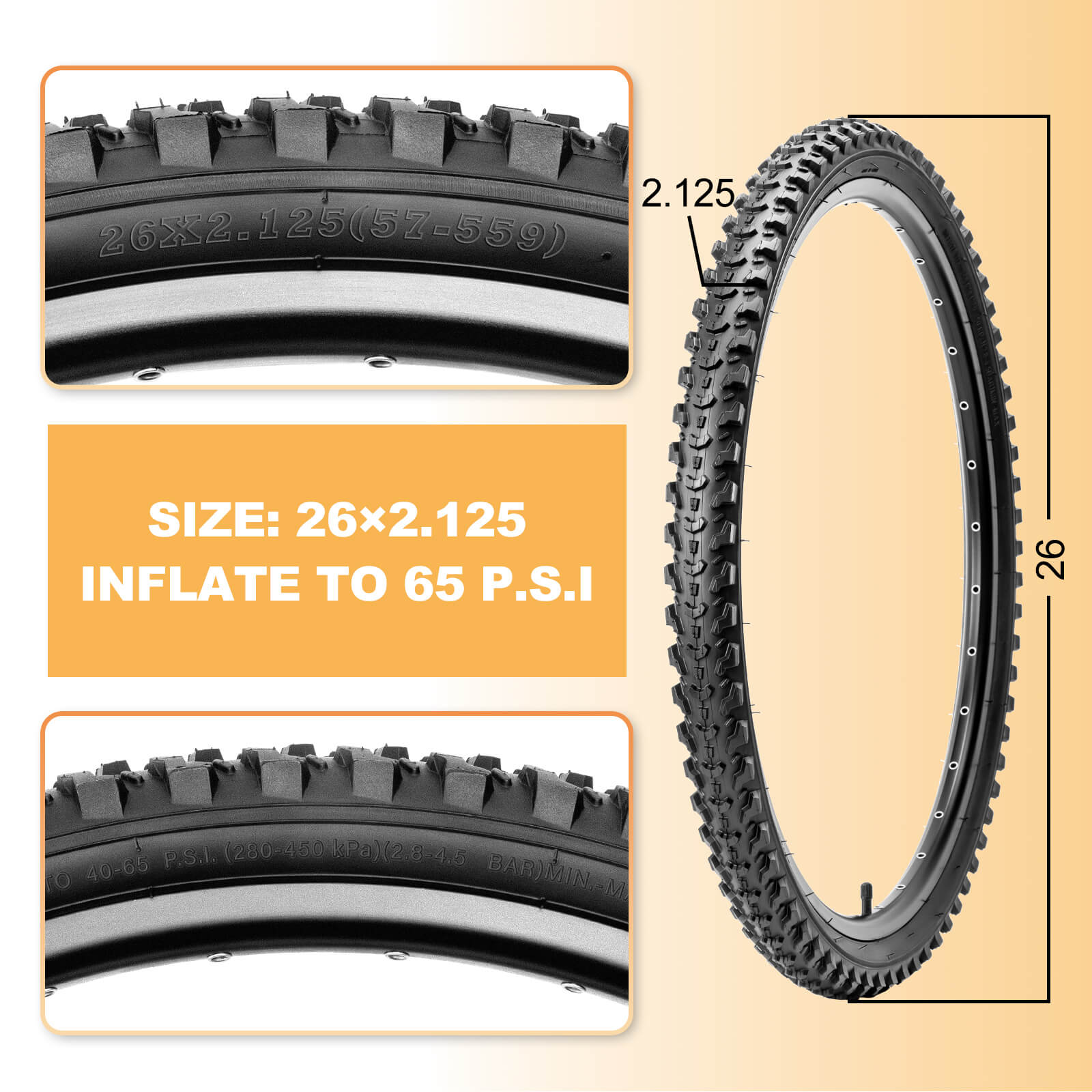 Hycline Detur mountain bike tire, 26-inch size, 2.125 inch width, with tread pattern suitable for off-road cycling.