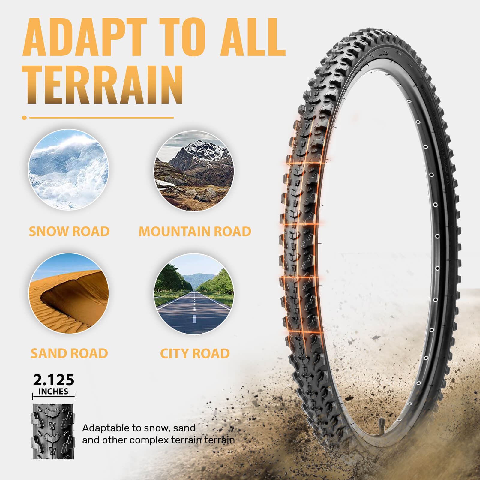Hycline Detur mountain bike tire, 20/24/26 inches by 2.125 inches, with tread pattern suitable for off-road riding.