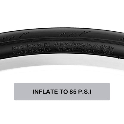 Two Hycline road bike tires, 700×25C, 28C, and 35C sizes, with black rubber tread and sidewalls for cycling on paved roads.