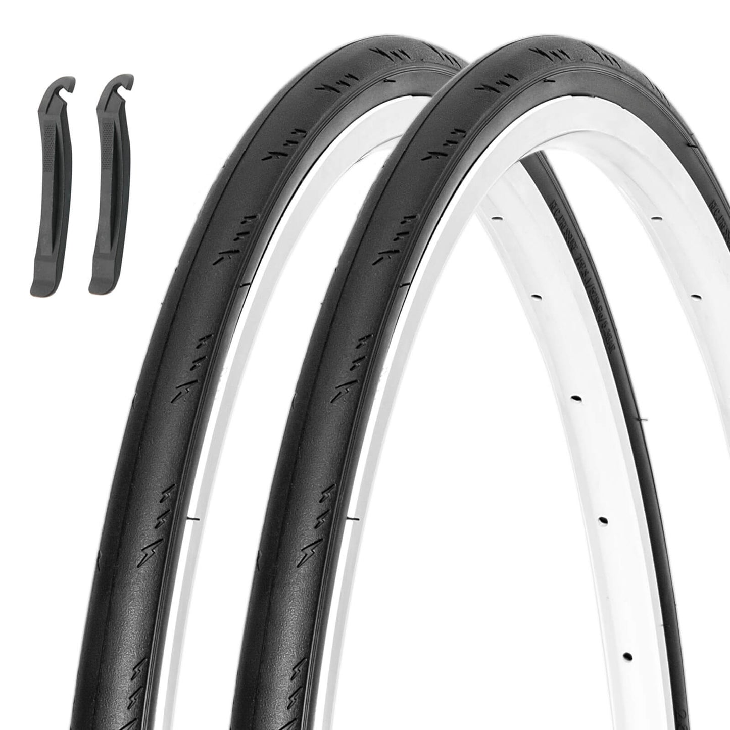 Pair of Hycline road bike tires in 700×25C size, featuring durable rubber tread and sleek black design for road cycling.