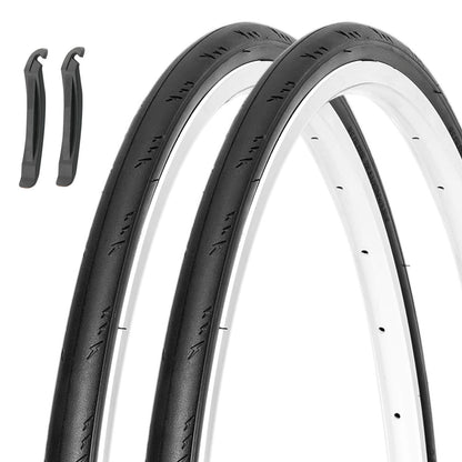 Pair of Hycline road bike tires in 700×25C size, featuring durable rubber tread and sleek black design for road cycling.