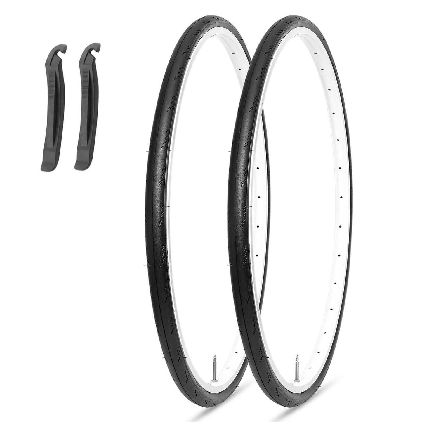 Pair of Hycline road bike tires, 700×25C and 28C, with textured tread for smooth cycling on paved roads.