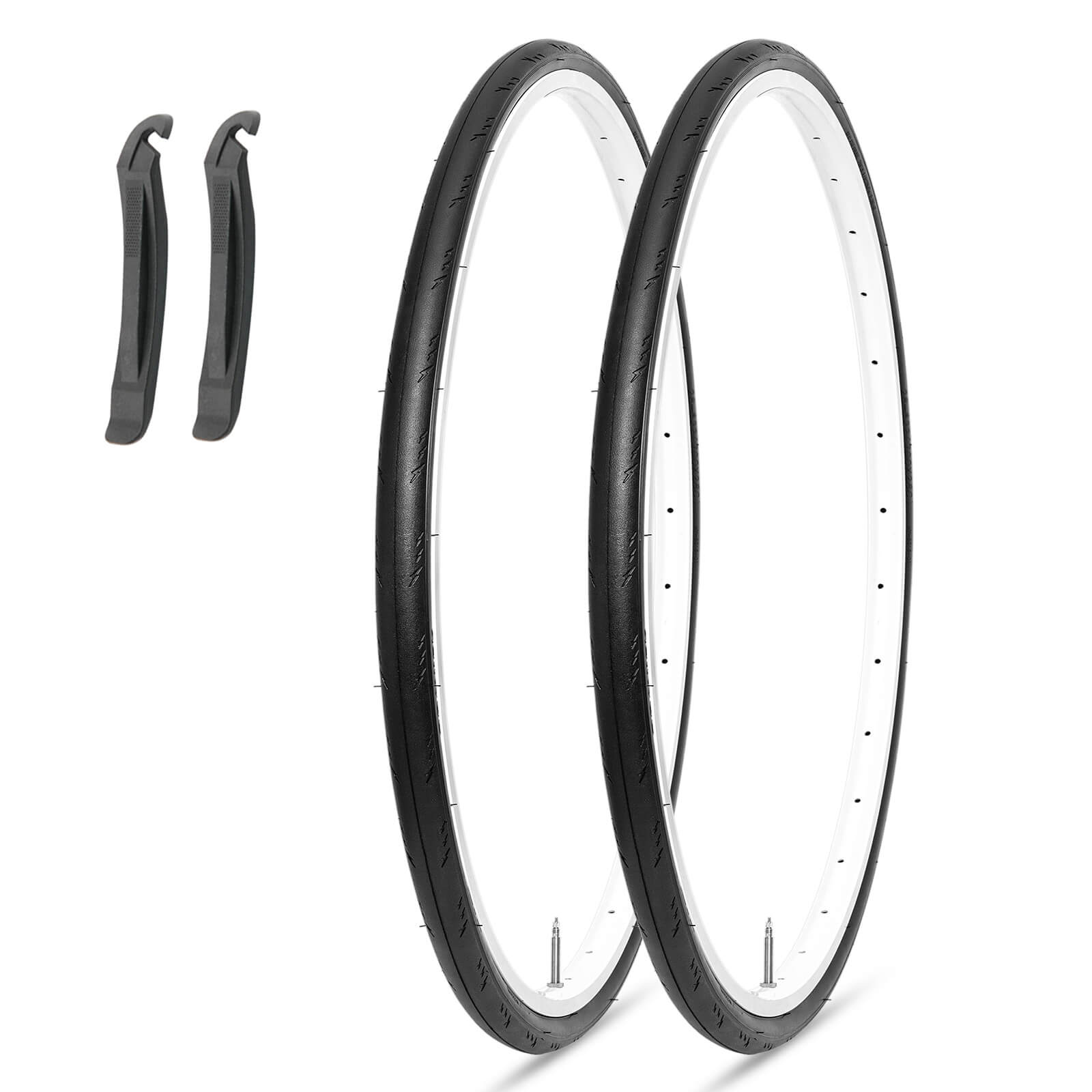 Pair of Hycline road bike tires, 700×25C and 28C, with textured tread for smooth cycling on paved roads.