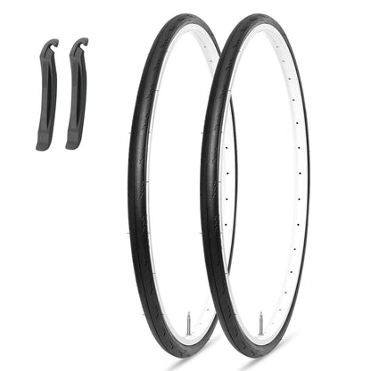 Pair of Hycline road bike tires, 700×25C and 28C, with textured tread for smooth cycling on paved roads.