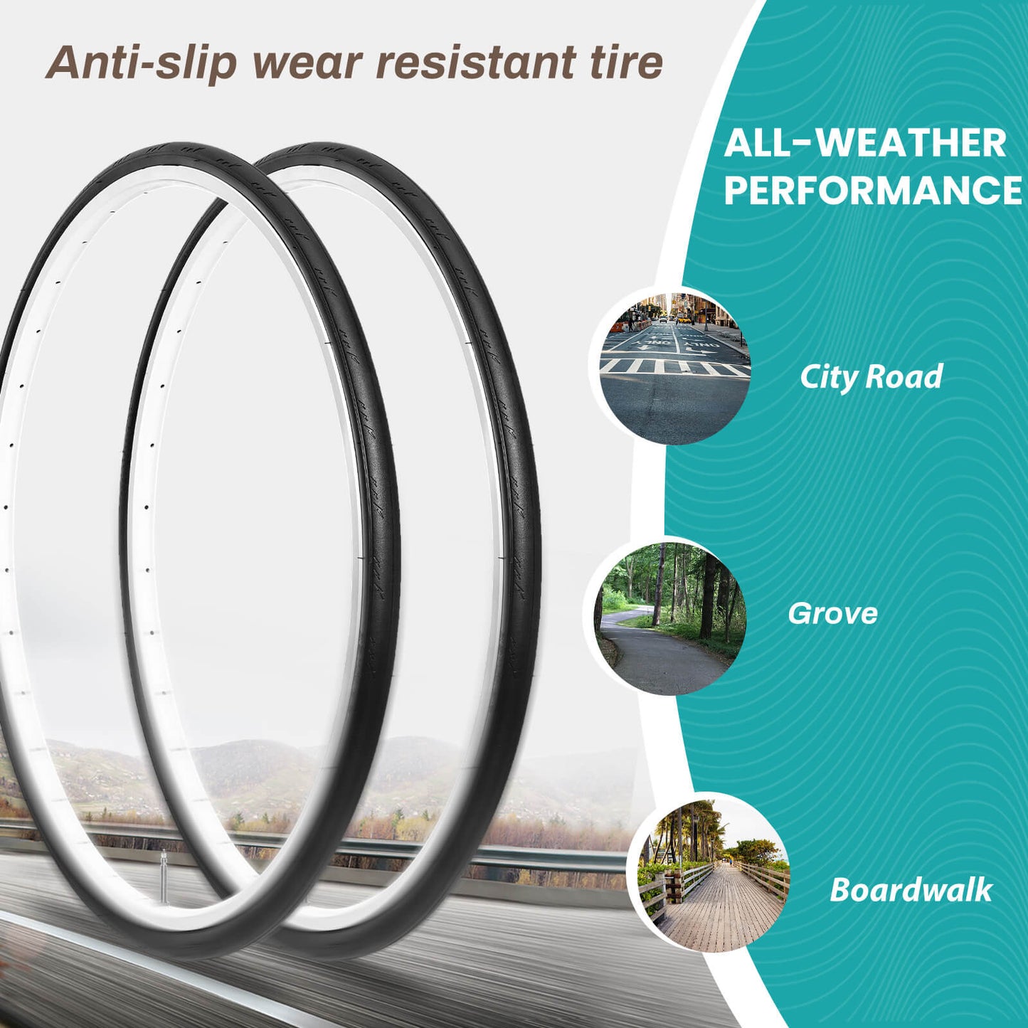 Pair of Hycline road bike tires, 700×25C / 28C / 35C, shown mounted on rims with tread pattern visible.