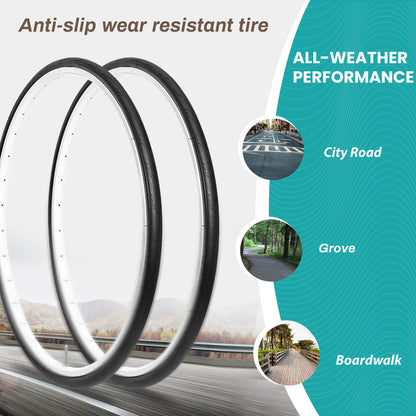 Pair of Hycline road bike tires, 700×25C / 28C / 35C, shown mounted on rims with tread pattern visible.