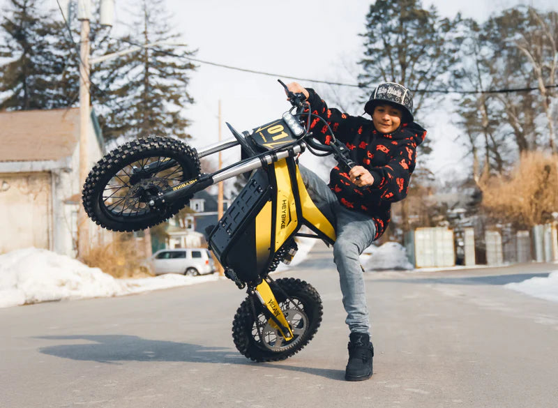 Heybike Villain electric dirt bike with mid-drive motor, displayed on rugged terrain, showcasing its robust design and off-road capabilities.
