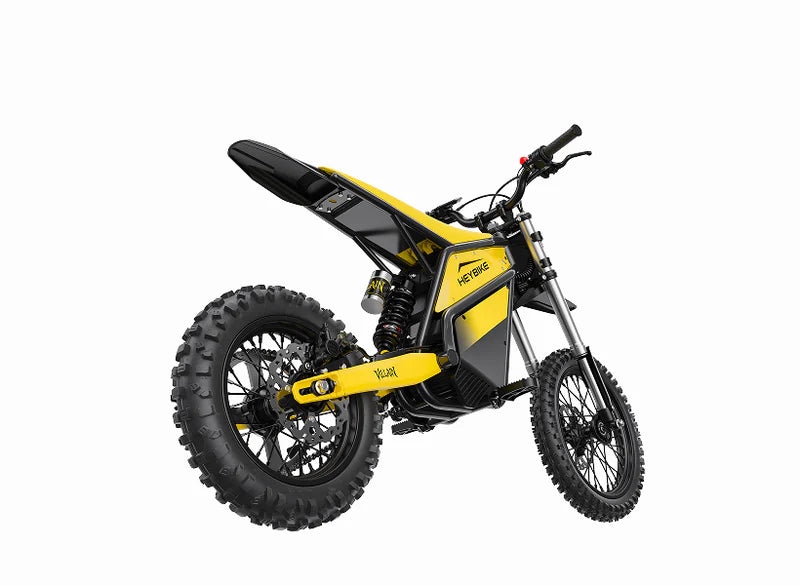Heybike Villain electric dirt bike for teens and adults, showing the mid-drive motor and rugged off-road design.
