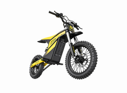 Heybike Villain electric dirt bike for teens and adults with mid-drive motor, front view showing black and red frame, tires, and handlebars.