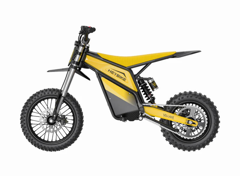 Heybike Villain electric dirt bike for teens and adults, side view showing off its mid-drive motor and rugged design.