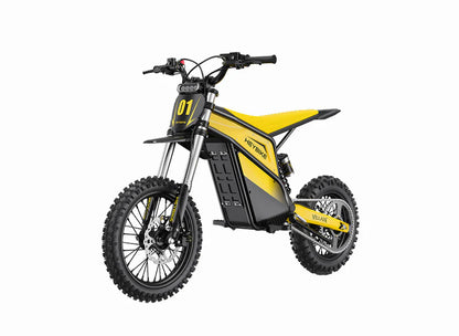 Heybike Villain electric dirt bike for teens and adults, with mid-drive motor, 45 MPH speed, and 50-mile range, side view image.