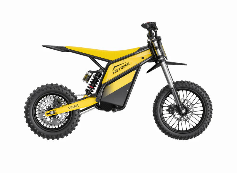 Heybike Villain electric dirt bike for teens and adults, side view showcasing the mid-drive motor and rugged design.
