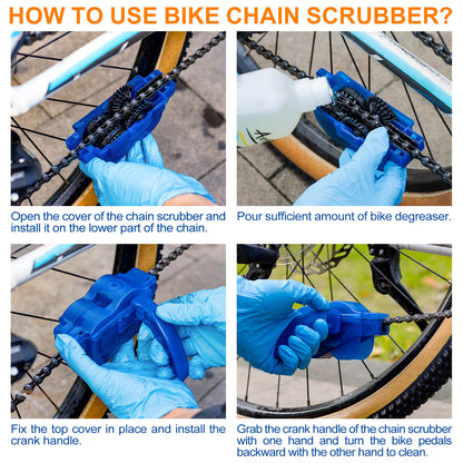 Hycline bicycle chain cleaning kit with chain scrubber and brushes for cleaning bicycle chains effectively.