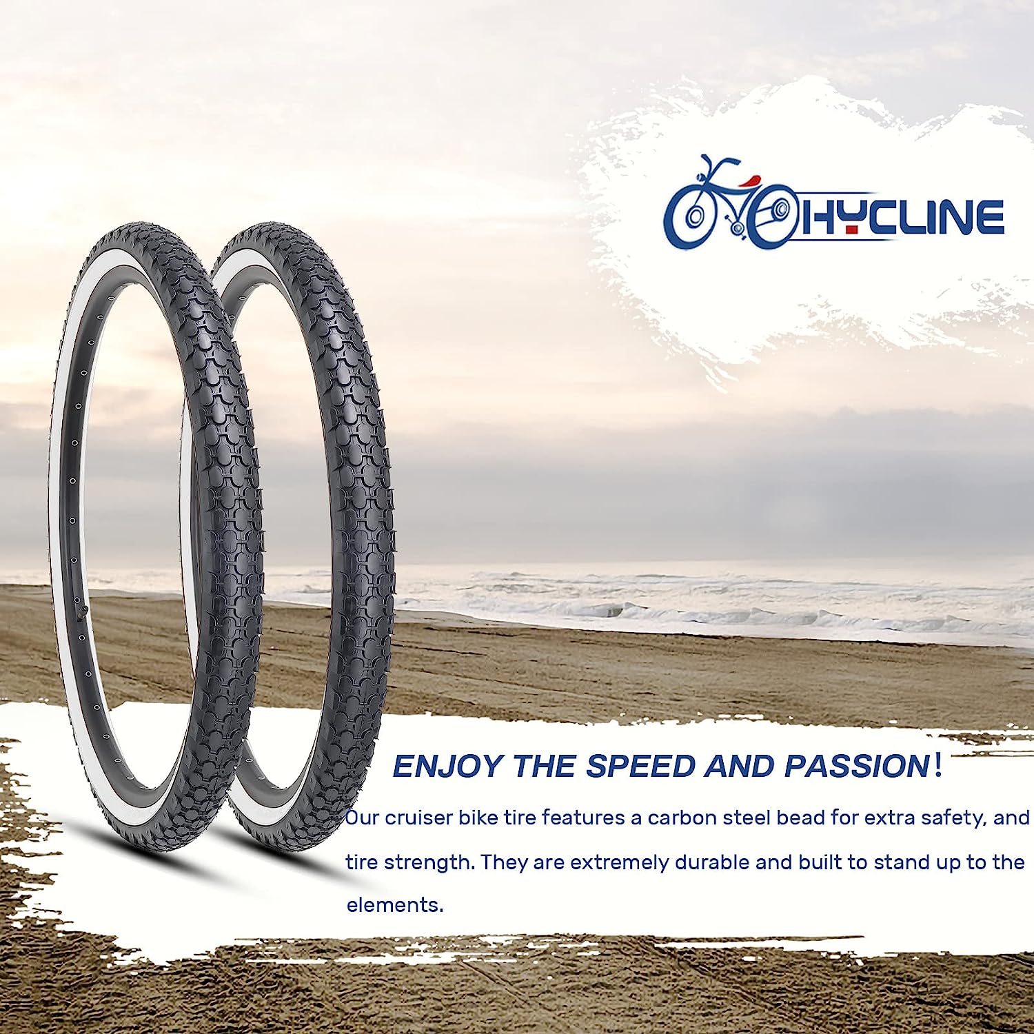 Hycline 26-inch bicycle SandRoller tires, folding replacement tires for beach cruiser bikes, shown in a two-pack set.