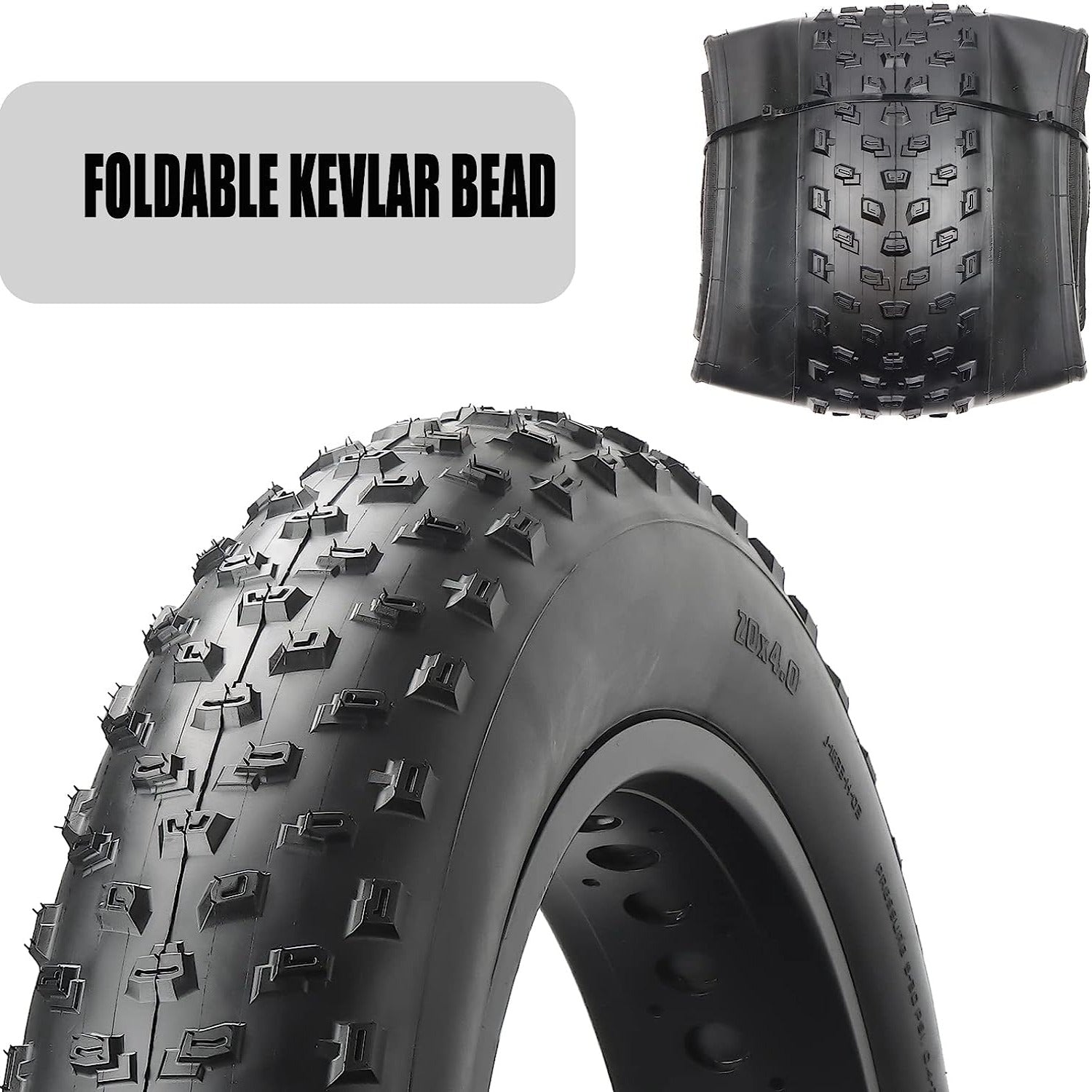 Hycline fat bike tire, 20x4.0 inch, rugged e-bike tire designed for off-road riding and enhanced traction.