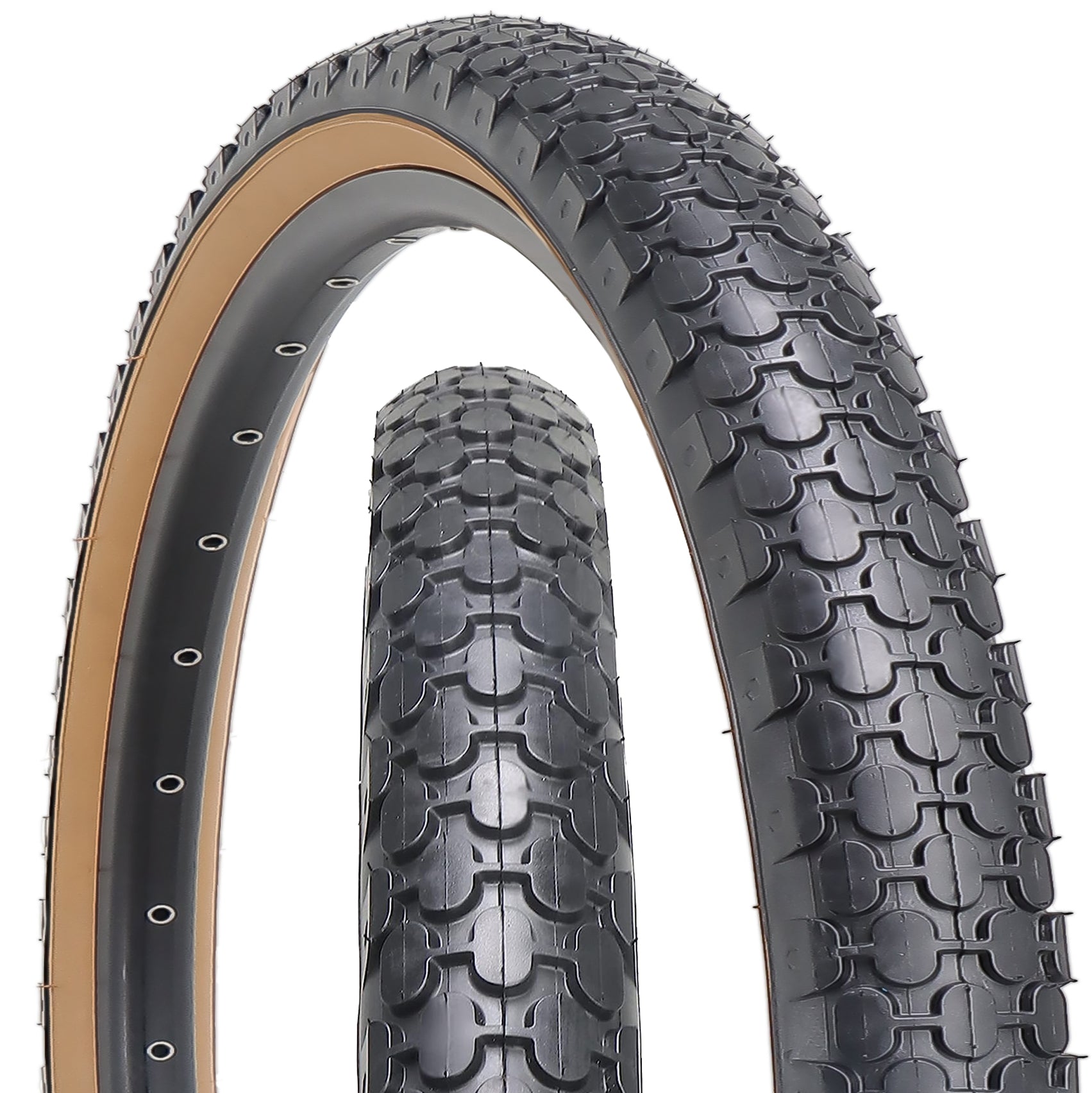 Pair of Hycline bicycle tires, 24 and 26 inches with brown sidewalls, designed for durable cycling performance.