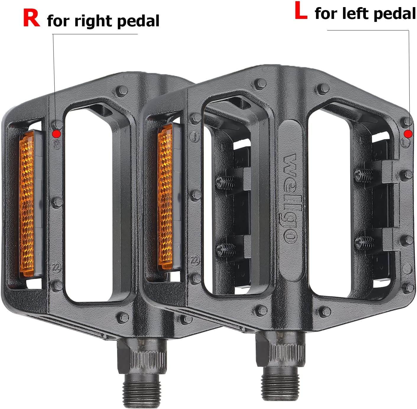 Hycline Wellgo bike pedal set with flat mountain bike pedals showing right and left side, durable and lightweight bicycle pedals.