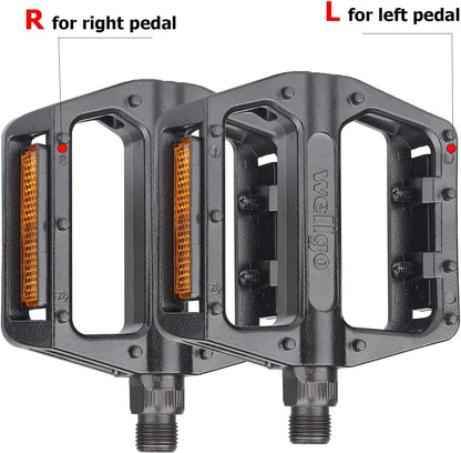 Hycline Wellgo bike pedal set with flat mountain bike pedals showing right and left side, durable and lightweight bicycle pedals.