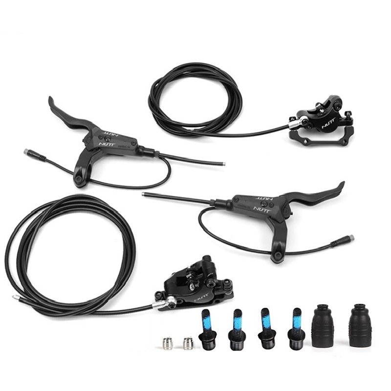 Hycline NUTT electric bicycle hydraulic disc brake set with 160mm rotor and 2-pin power-off design, mounted on bike wheel.