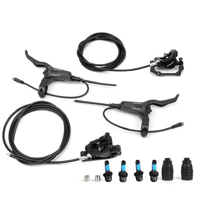 Hycline NUTT electric bicycle hydraulic disc brake set with 160mm rotor and 2-pin power-off design, mounted on bike wheel.