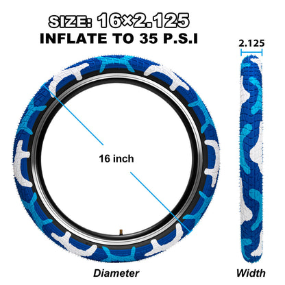 Hycline Colorwonder blue 16-inch or 20-inch bicycle tire for kids, featuring colorful design and durable rubber tread.