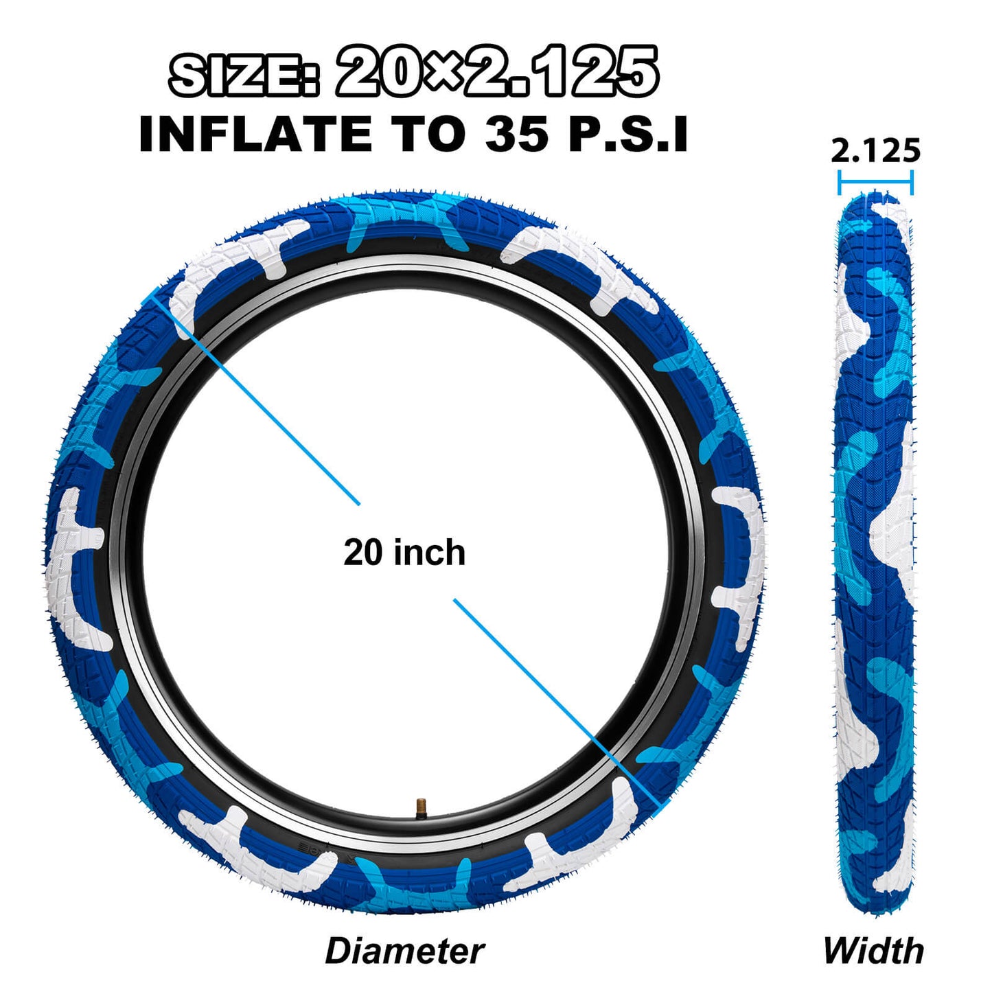 Hycline Colorwonder blue 16 or 20-inch bicycle tire for kids, featuring vibrant blue rubber and durable tread design