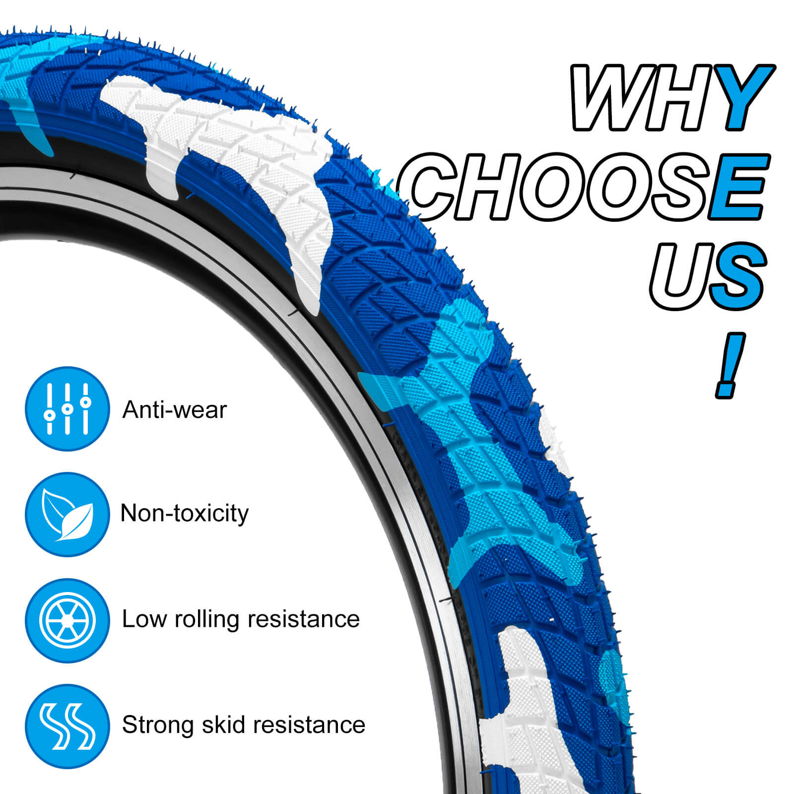 Blue Colorwonder 16 or 20-inch bicycle tire by Hycline, suitable for kids' bikes, featuring durable rubber and vibrant blue color.