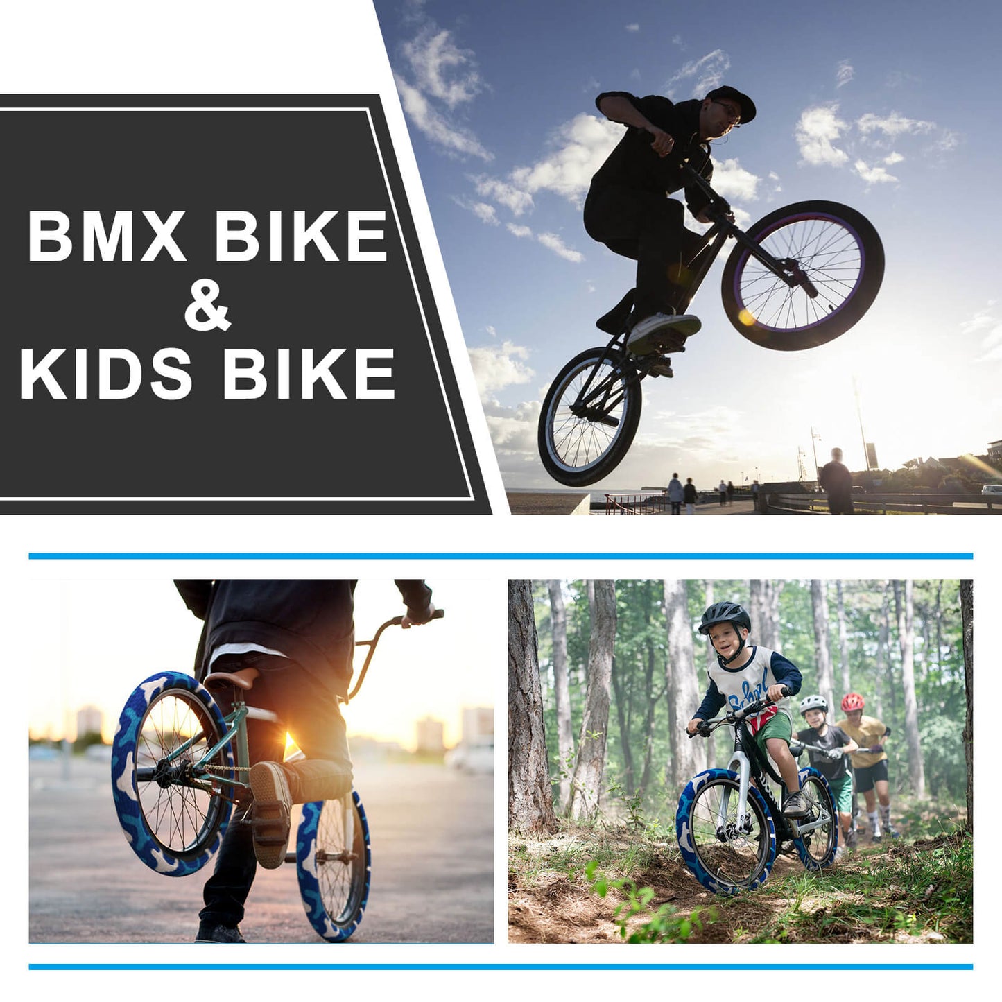 Hycline Colorwonder blue 16-inch bicycle tire for kids, showing the tread and sidewall design on a clean background.