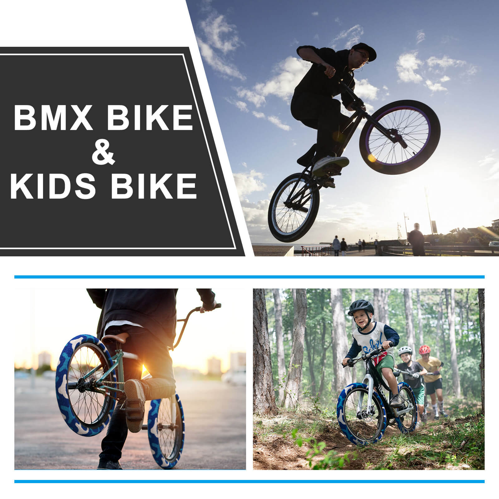 Hycline Colorwonder blue 16-inch bicycle tire for kids, showing the tread and sidewall design on a clean background.