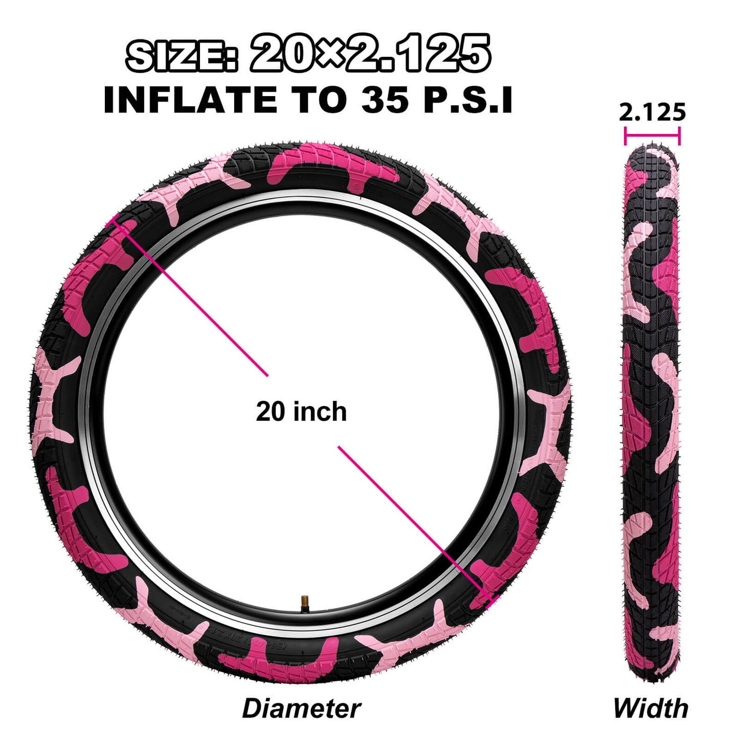 Pink Colorwonder bicycle tire for kids, 16 or 20 inches, by Hycline, featuring a vibrant pink rubber tread and durable sidewalls.