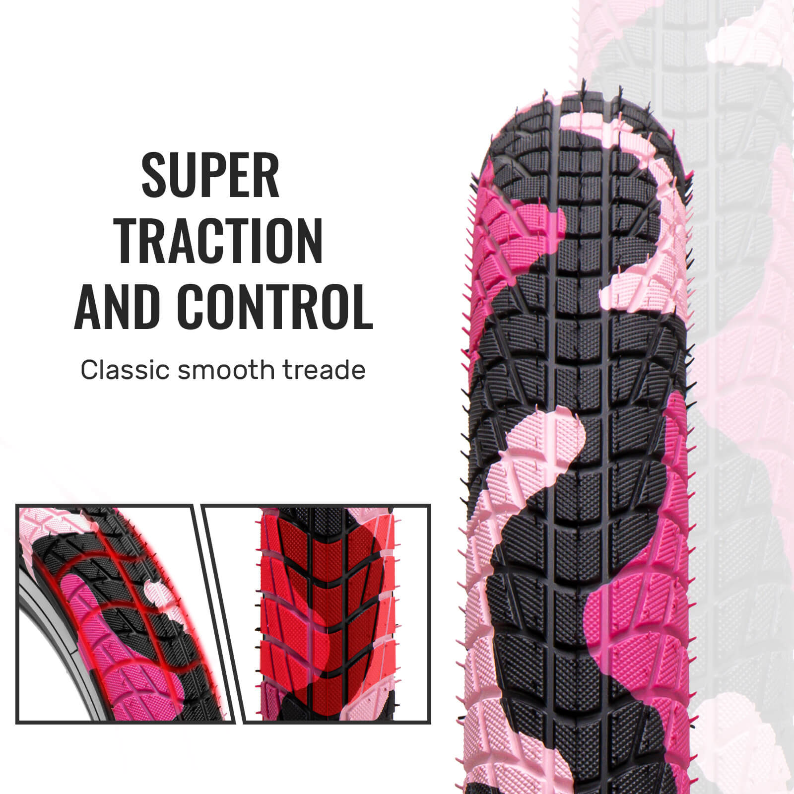 Pink Colorwonder bicycle tire for kids, 16 or 20 inches, by Hycline, shown mounted on a bicycle wheel.