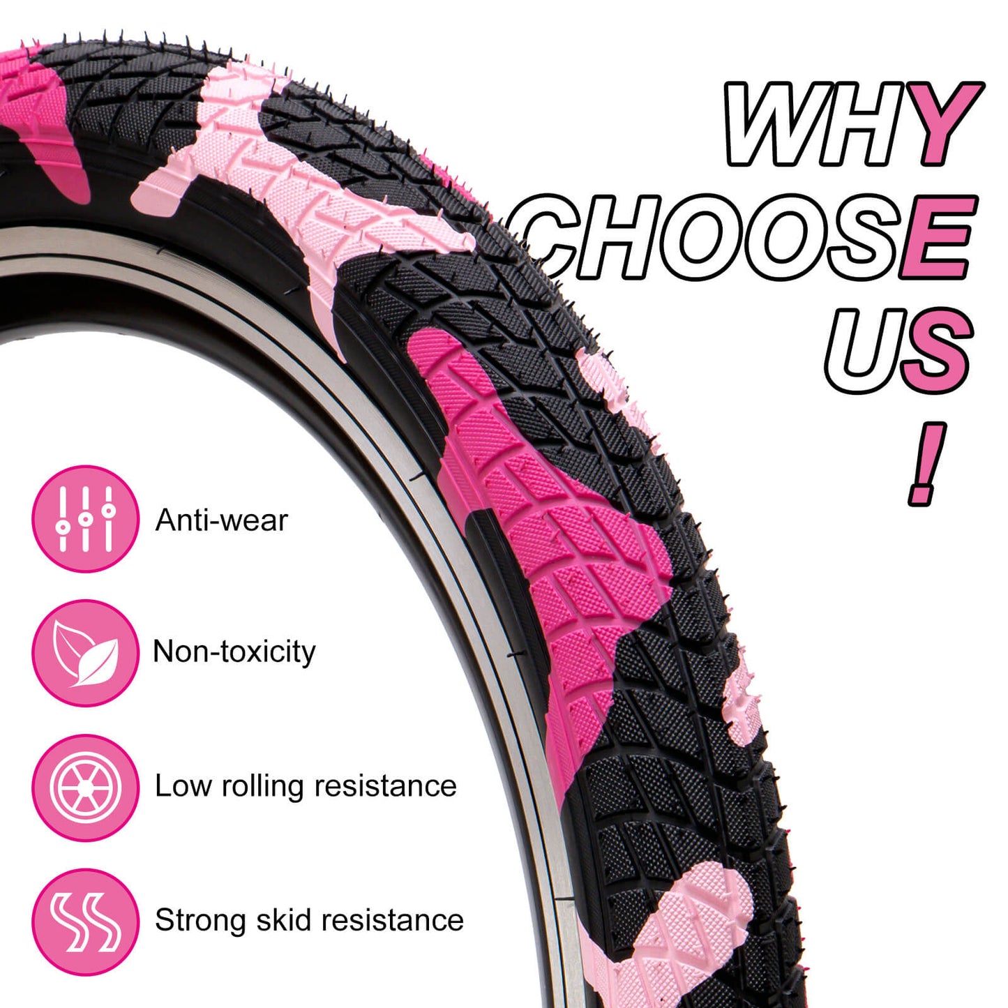 Pink Colorwonder bicycle tire for kids, 16 or 20 inches, by Hycline, shown mounted on a bicycle wheel.