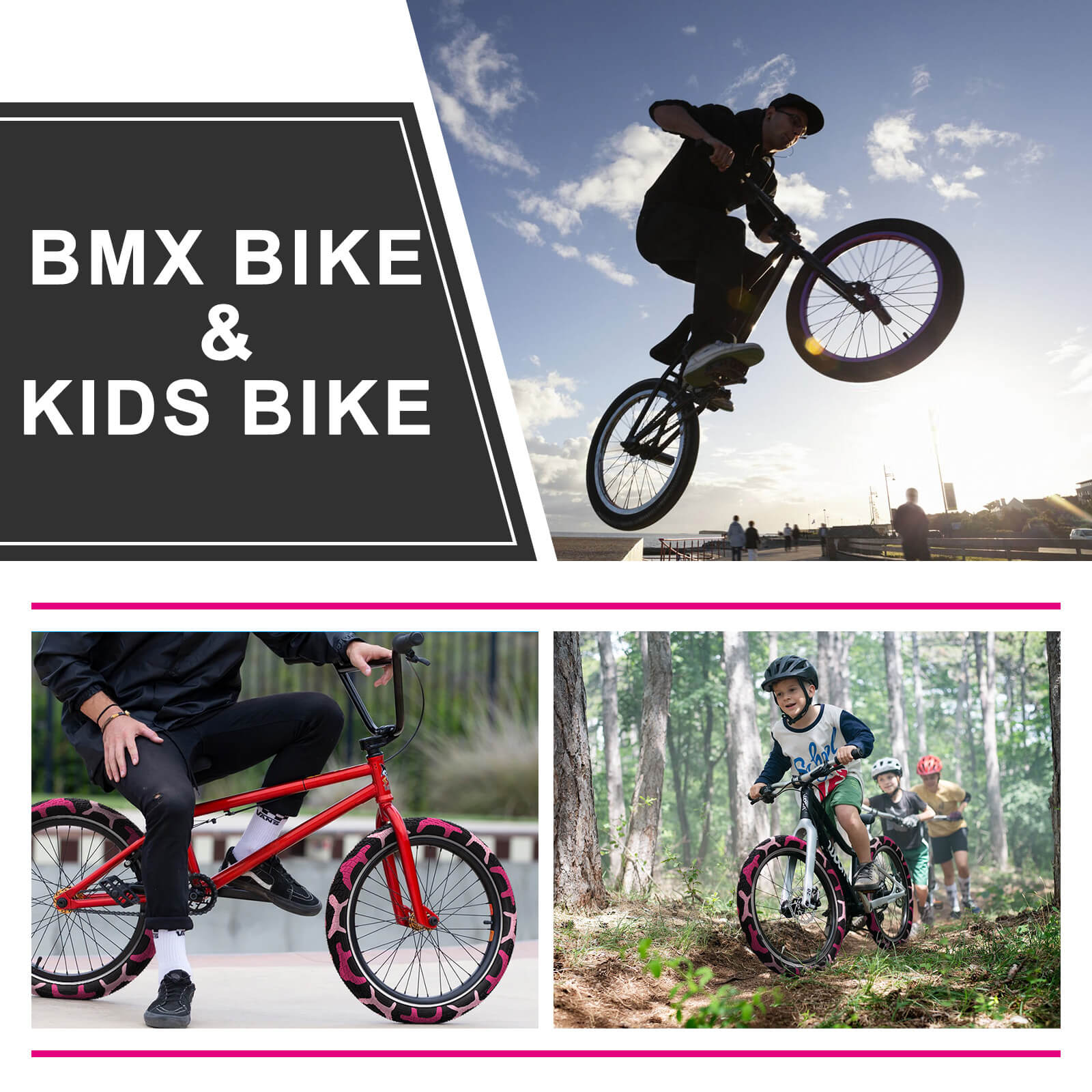 Pink Colorwonder bicycle tire for kids by Hycline, 16 or 20 inches, with a close-up view of the tread and sidewall.