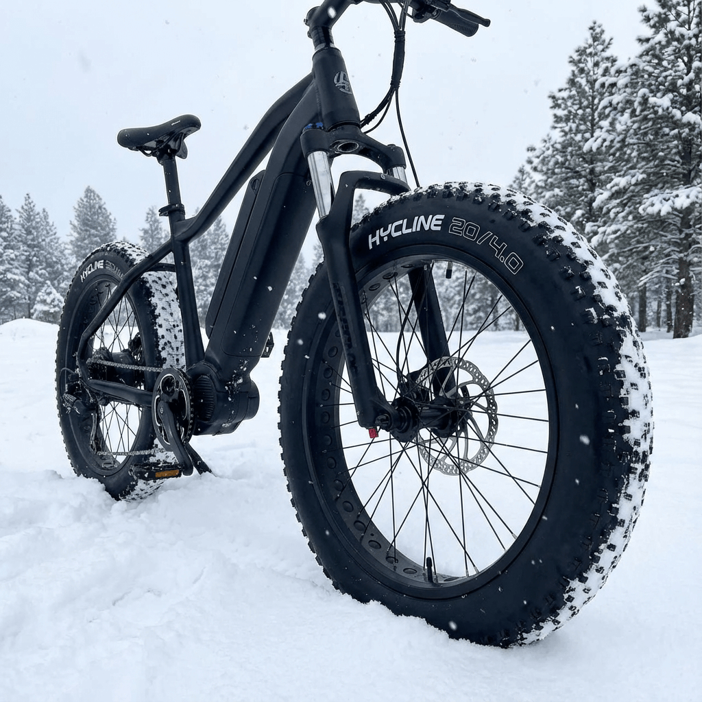 Hycline Raider fat bike and e-bike tire with rugged tread pattern, designed for off-road riding and durability.