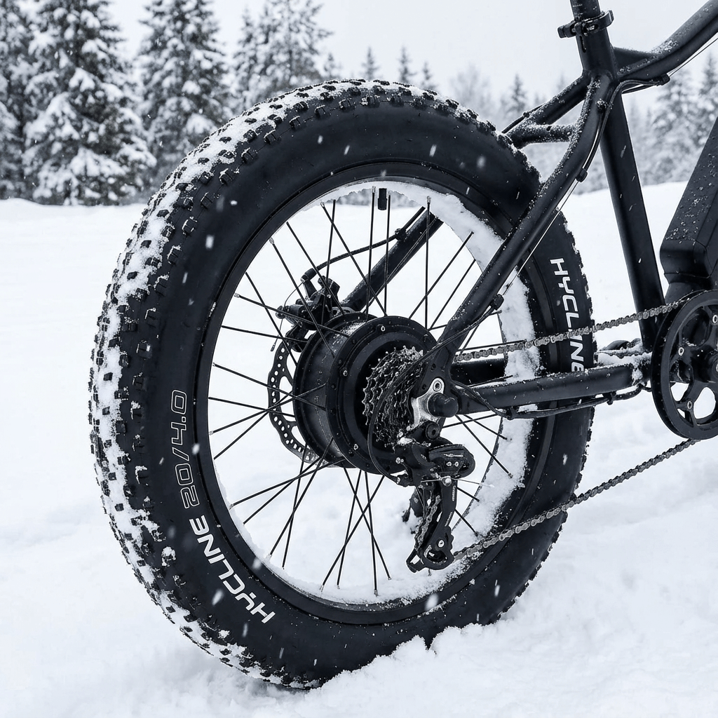 Hycline Raider fat bike and e-bike tire with rugged tread pattern for off-road cycling and enhanced traction.
