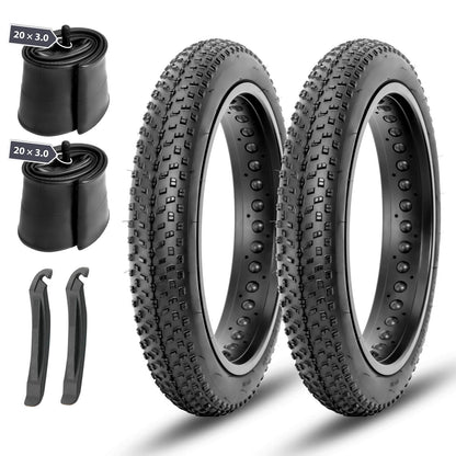 Hycline Raider fat bike tire 20-inch 3.0 mounted on a bicycle, showcasing rugged E-bike and fat tire design.