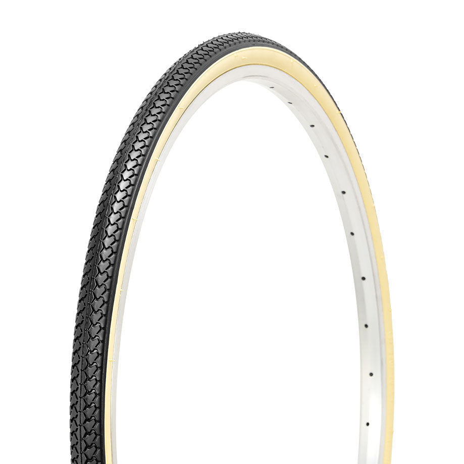 Hycline RetroPath beige bicycle tire 26x1 3/8 (37-590) mounted on a bike wheel, showcasing retro design and durable rubber tread.