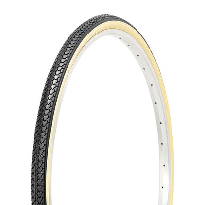 Hycline RetroPath beige bicycle tire 26x1 3/8 (37-590) mounted on a bike wheel, showcasing retro design and durable rubber tread.