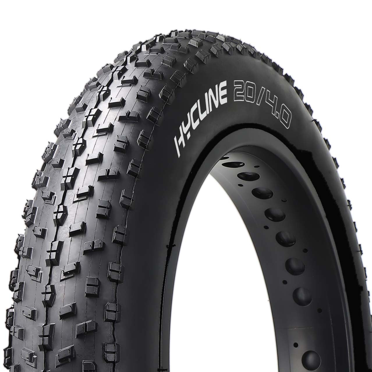 Hycline Raider fat bike tire with rugged tread and branding, designed for off-road e-bike and fat bike riding.